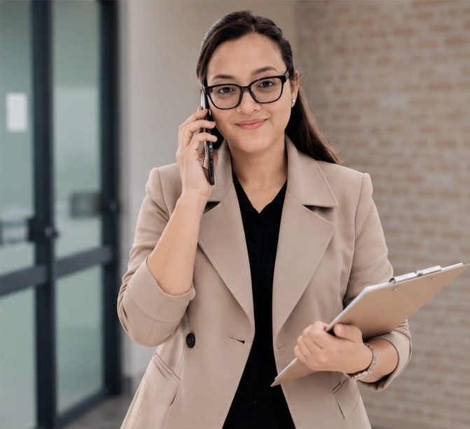 Pooja Negi on a call holding a clipboard